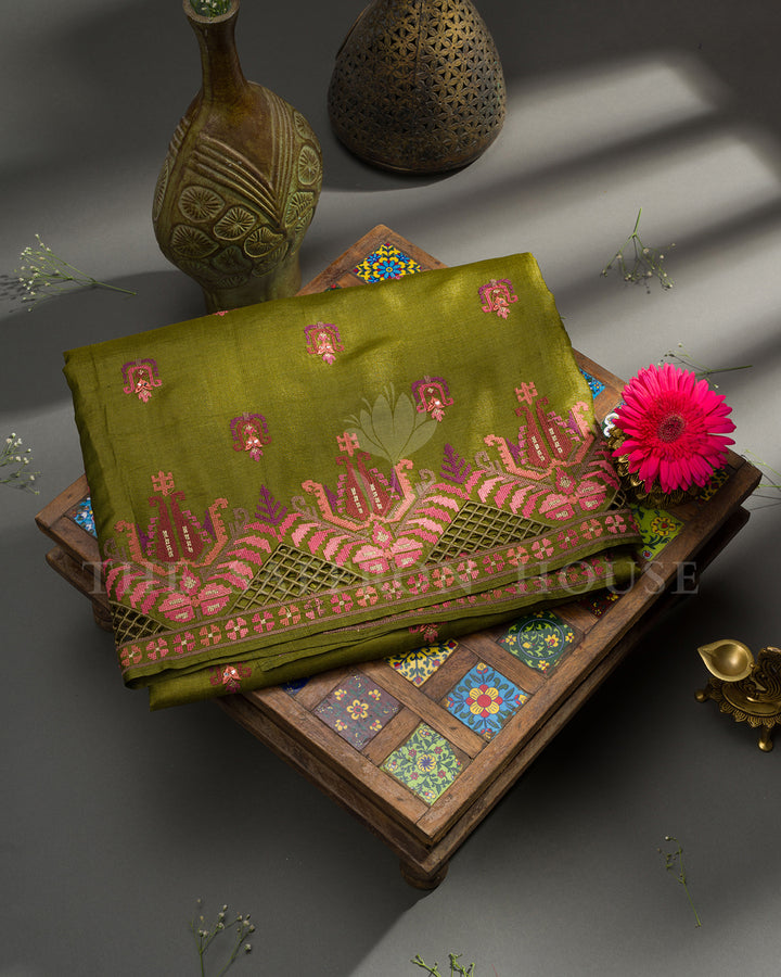 Moss Green Tussar Silk Saree with Coral Cross Stitch Cutwork Border