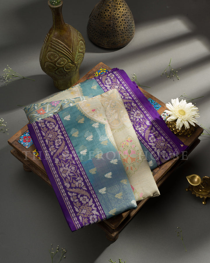 Teal Blue Tussar Silk Banarasi Saree with Meenakari Zari Medallions and Purple Border