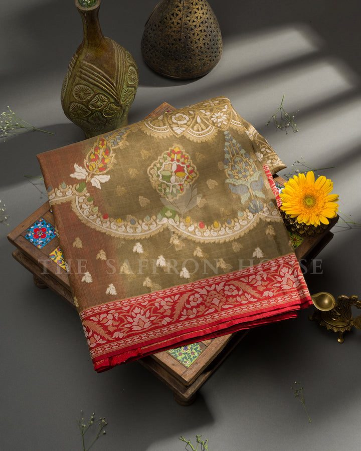 Olive Green Tussar Silk Banarasi Saree with Meenakari Zari Medallions and Red Border