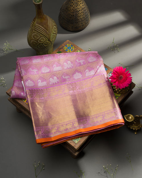 Orchid Lilac Kora Kanchivaram Silk Saree with Gold and Silver Zari Elephant Jaal