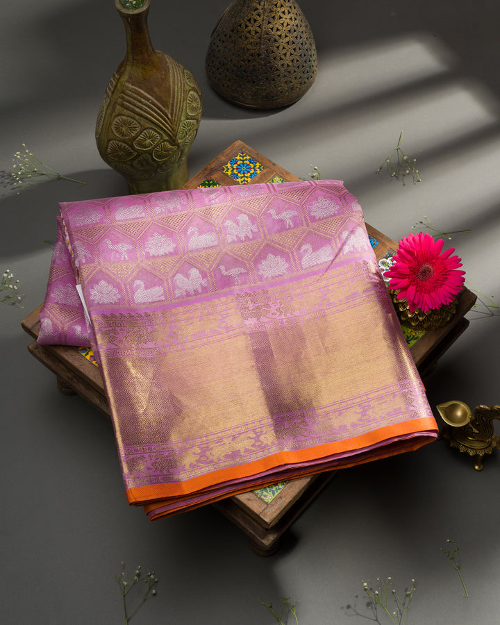 Orchid Lilac Kora Kanchivaram Silk Saree with Gold and Silver Zari Elephant Jaal