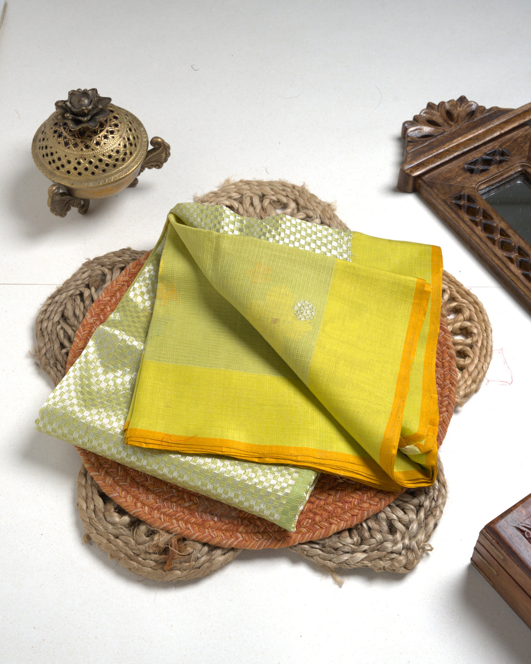 Lime Green Kota Saree with Silver Zari