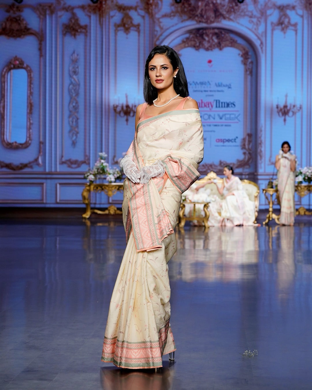 Ivory Peach Hand-Painted Kanjivaram Silk Saree- Blooming Heiress - Look 4
