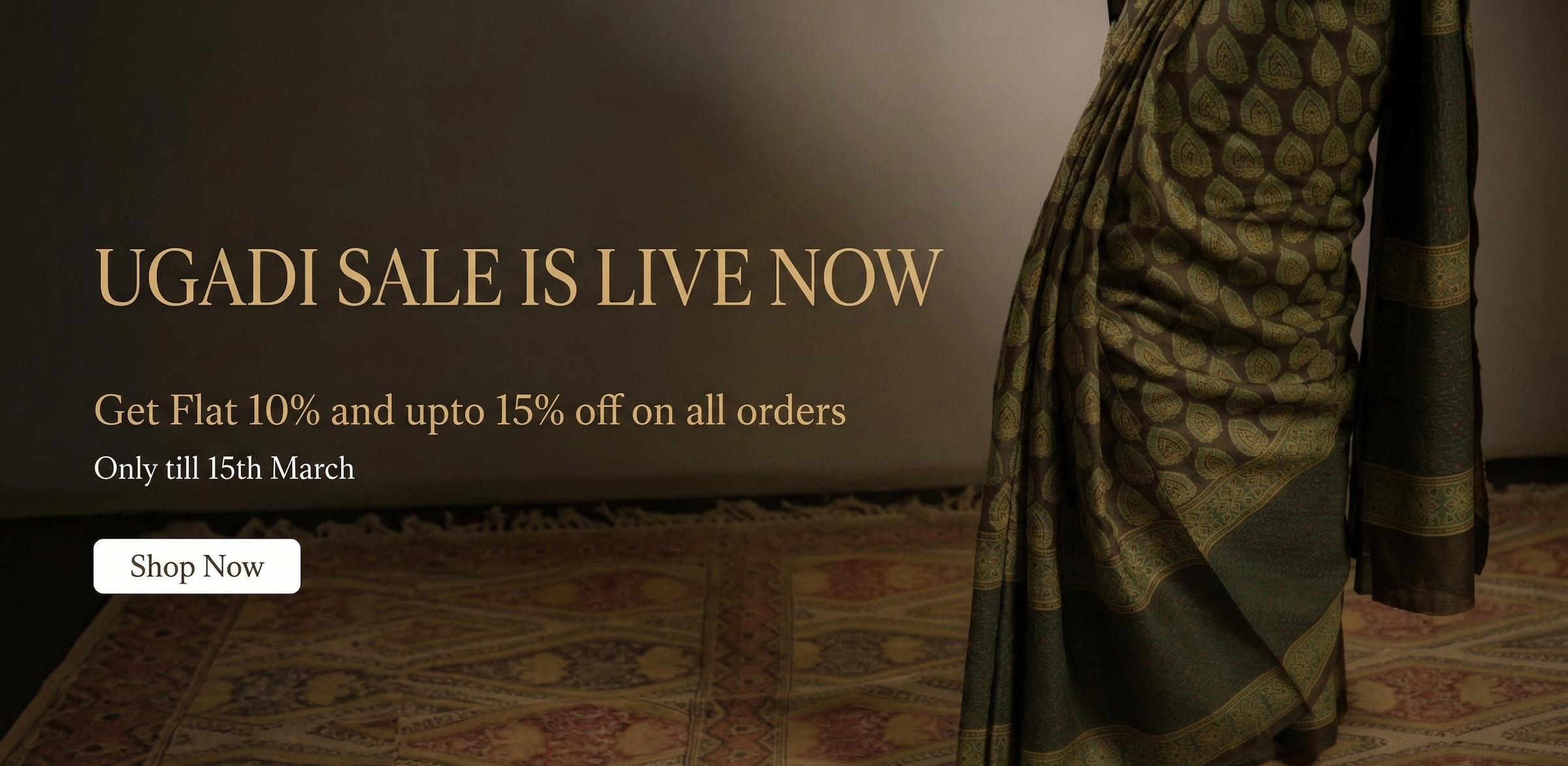 Green saree on a patterned floor with promotional text for Ugadi sale.