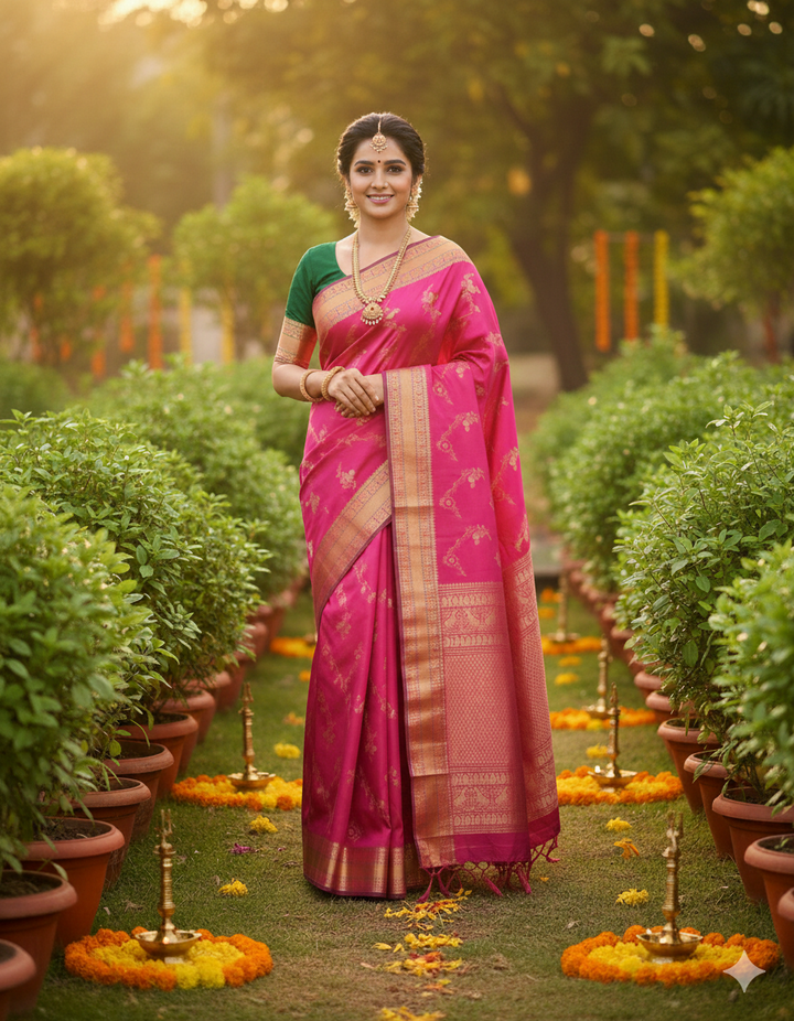 Dark Rani Pink Handwoven Brocade Kanjivaram Silk Saree - TSH2506239