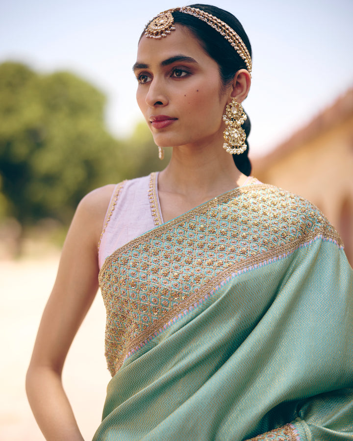 Teal Pure Kanjivaram Silk Saree with Gold Zari Lattice & Sequin Floral Embroidery