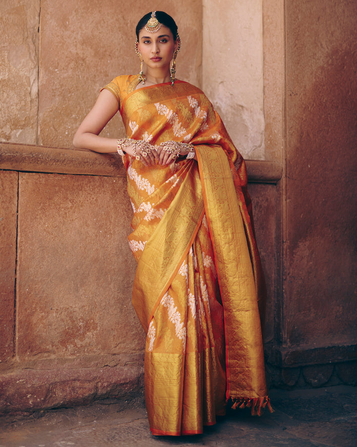 Orange Pure Kanjivaram Silk Saree with Silver Zari Parrot Buttas & Gold Zari Border