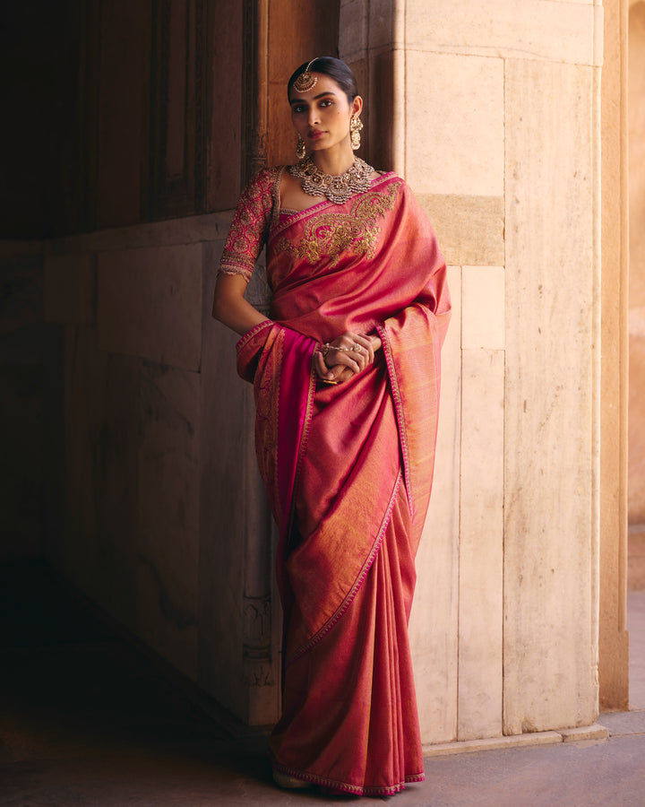 Deep Rose Pink Kanjivaram Silk Saree with Zardozi Embroidered