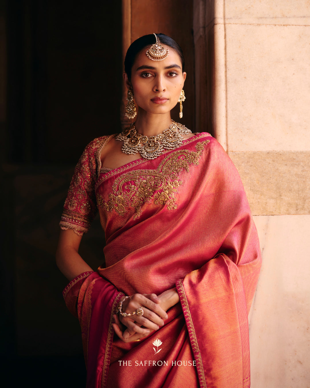 Deep Rose Pink Kanjivaram Silk Saree with Zardozi Embroidered