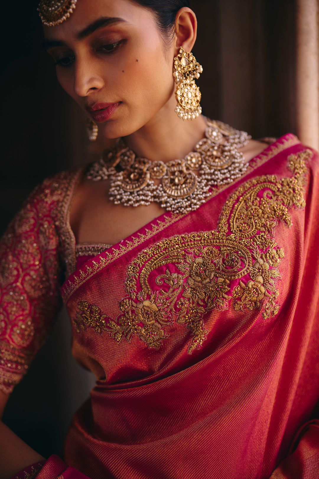 Deep Rose Pink Kanjivaram Silk Saree with Zardozi Embroidered