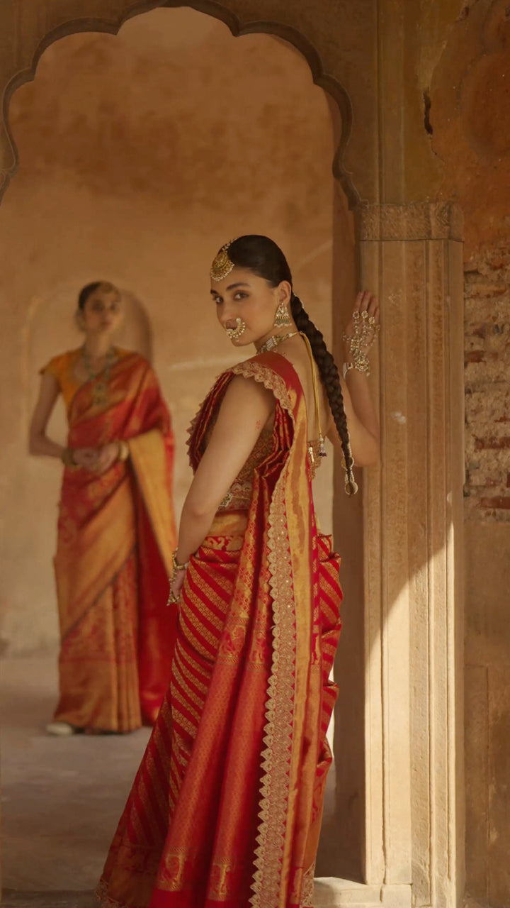 Crimson Red Royal Handwoven Embroidered Kanchivaram Silk Saree