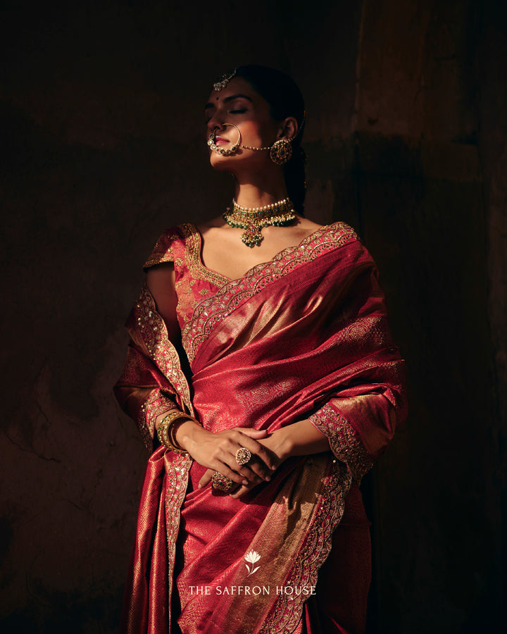 Crimson Red Pure Kanjivaram Silk Saree with All-Over Gold Zari Brocade & Hand-Embroidered Kundan Scallop Border