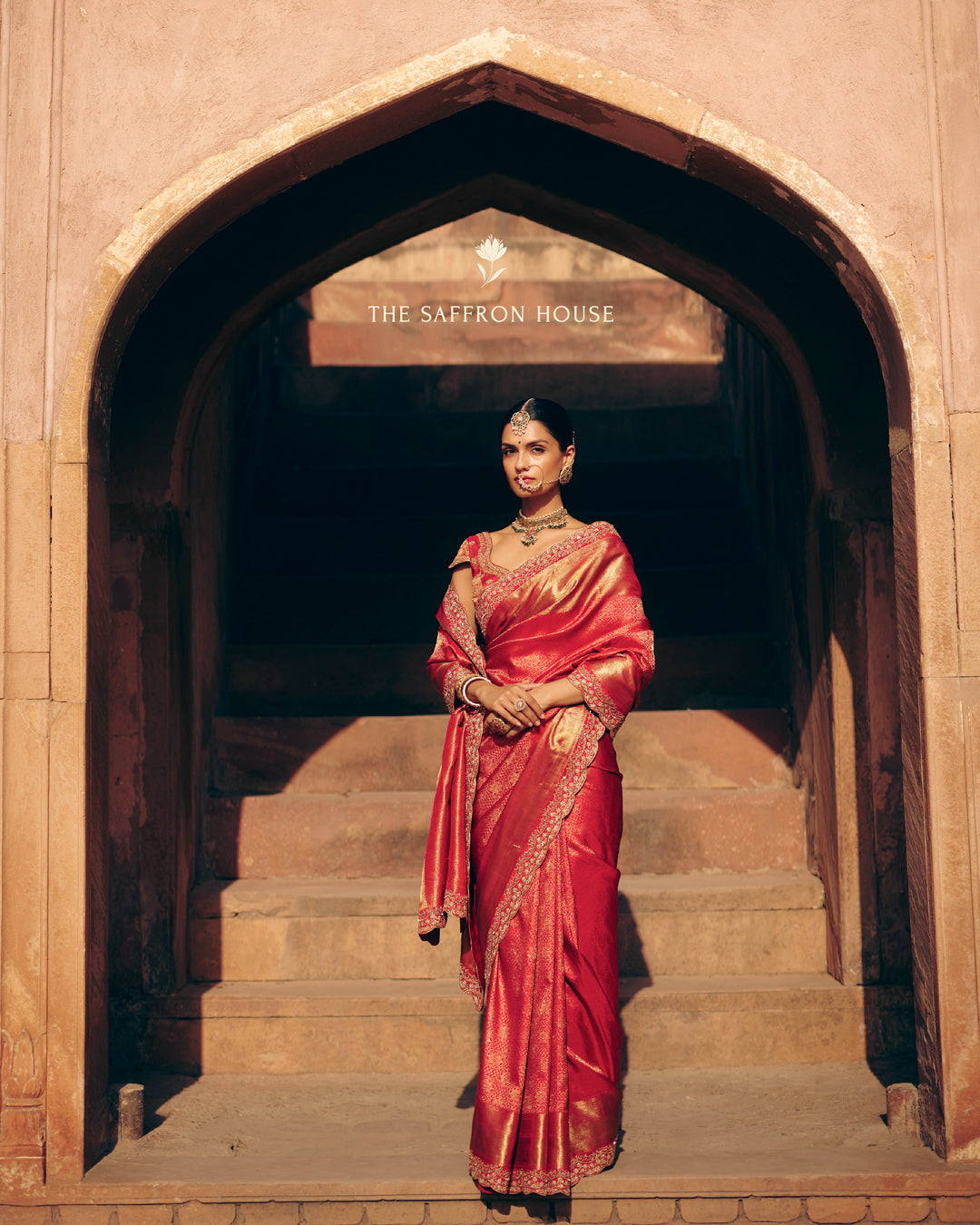 Crimson Red Pure Kanjivaram Silk Saree with All-Over Gold Zari Brocade & Hand-Embroidered Kundan Scallop Border