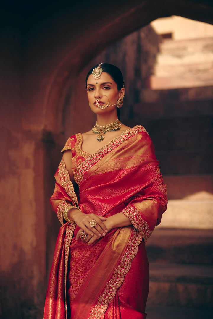 Crimson Red Pure Kanjivaram Silk Saree with All-Over Gold Zari Brocade & Hand-Embroidered Kundan Scallop Border
