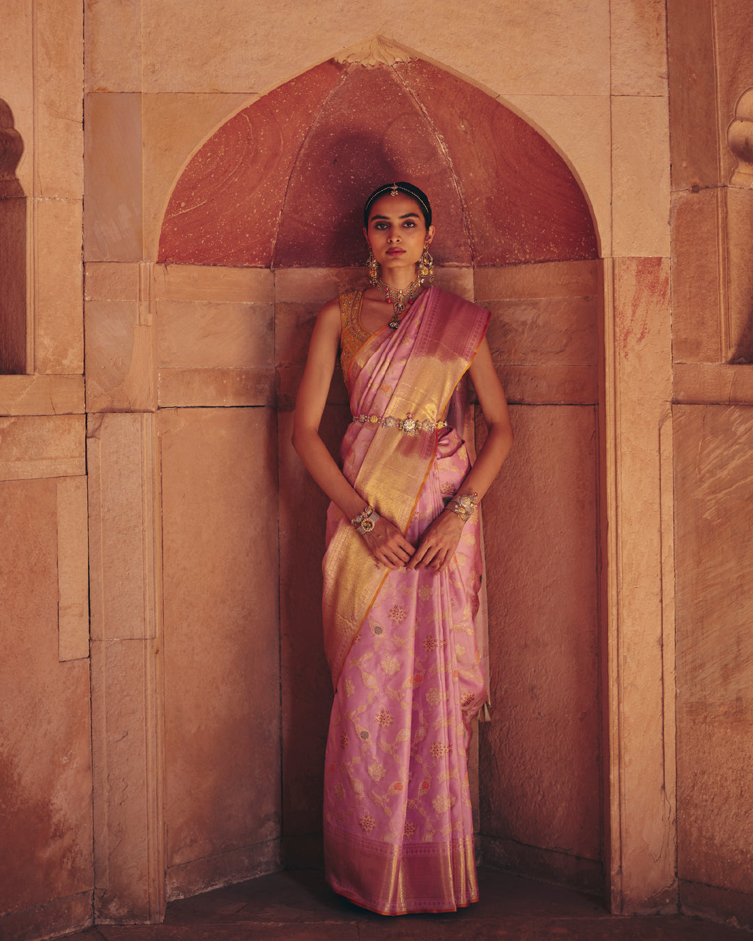 Lilac Pure Kanjivaram Silk Saree with Large Gold Zari Peacock