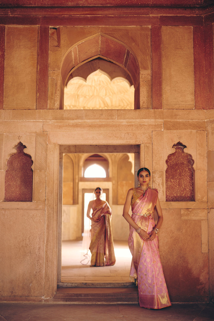 Lilac Pure Kanjivaram Silk Saree with Large Gold Zari Peacock