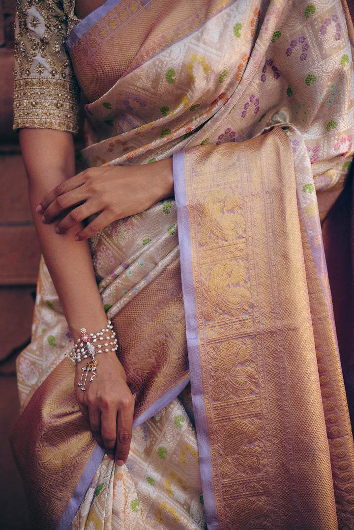 Ivory Pure Kanjivaram Silk Saree with Multicolour Meenakari Buttas