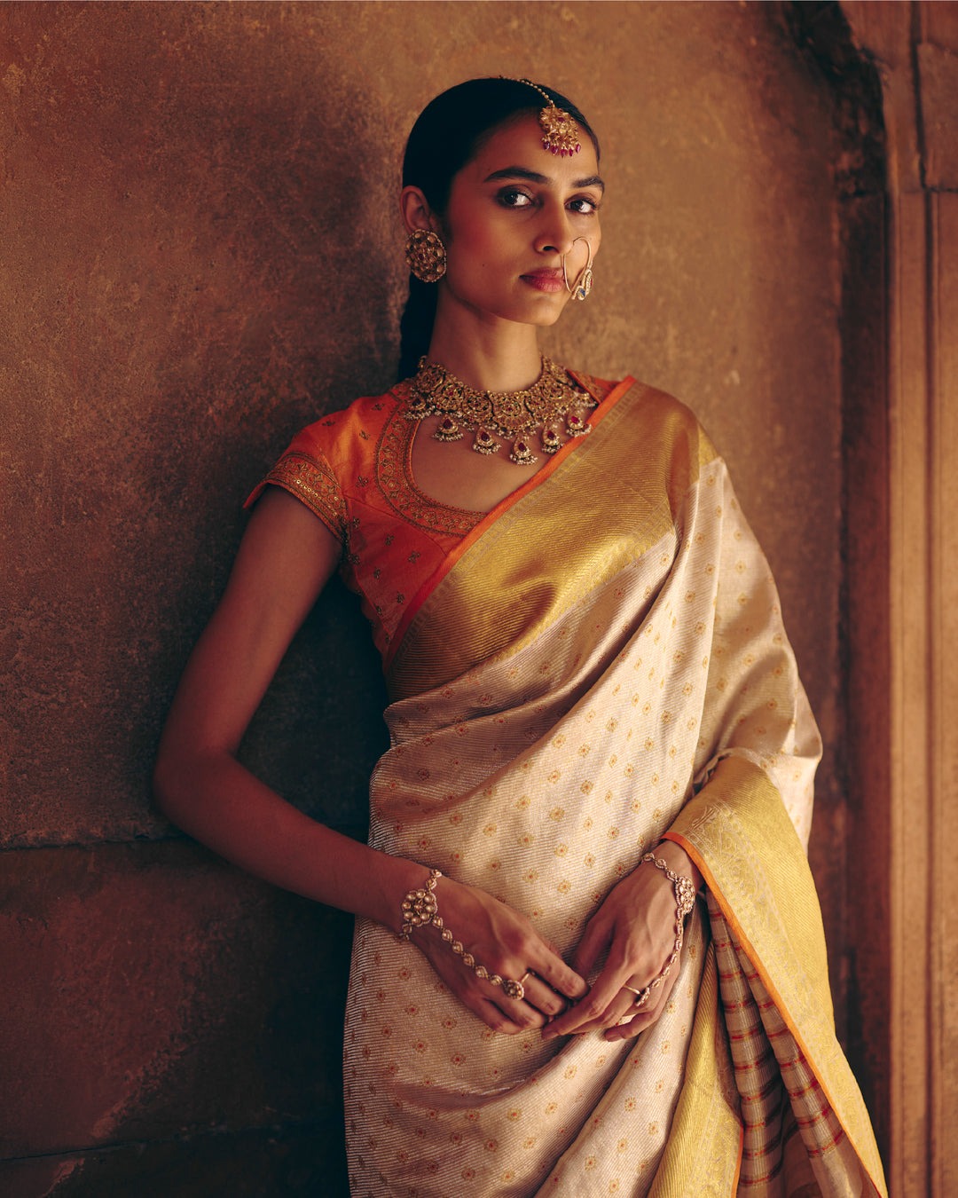 Cream Pure Kanjivaram Silk Saree with Gold Zari Sunflower Buttas & Broad Antique Gold Zari Border