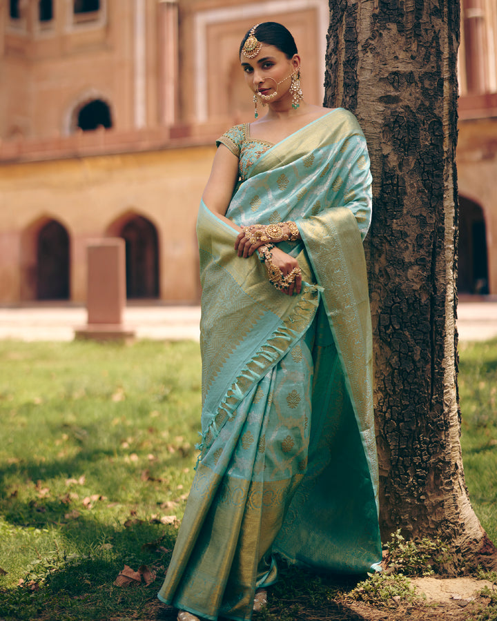 Aqua Blue Pure Kanjivaram Silk Saree with Gold Zari Floral Buttas