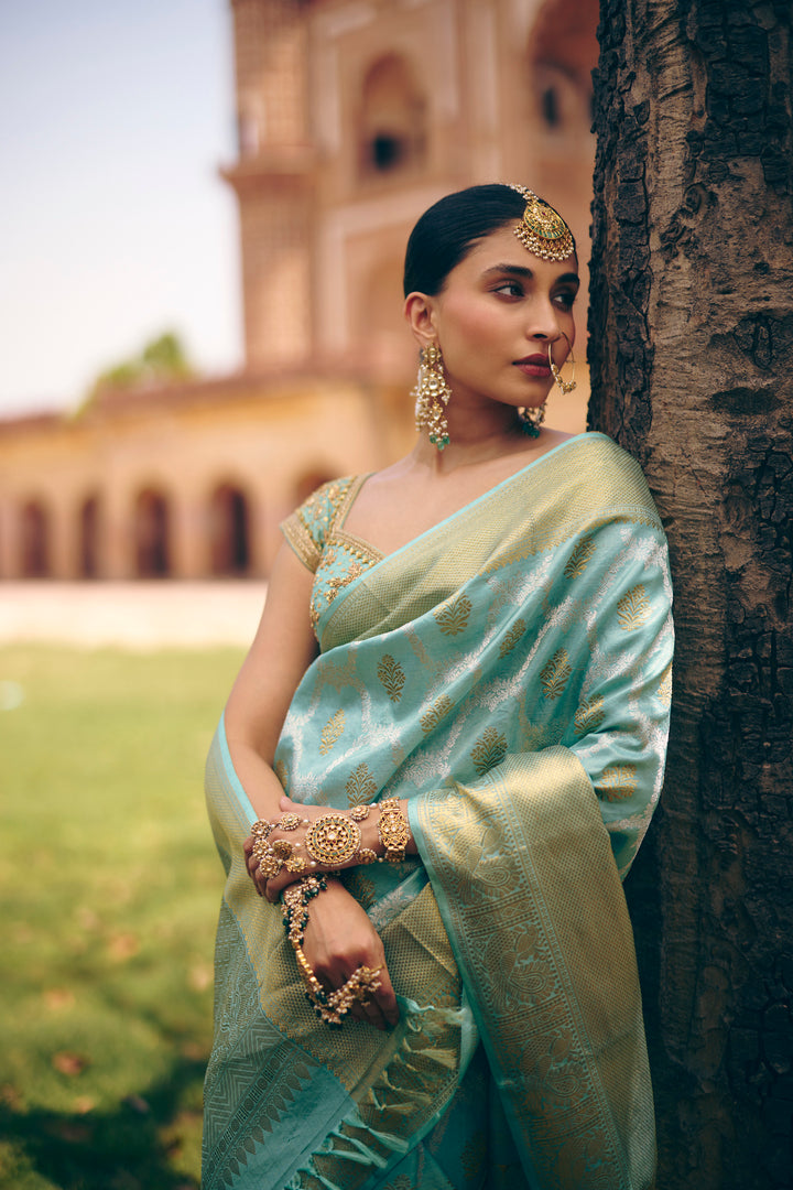 Aqua Blue Pure Kanjivaram Silk Saree with Gold Zari Floral Buttas