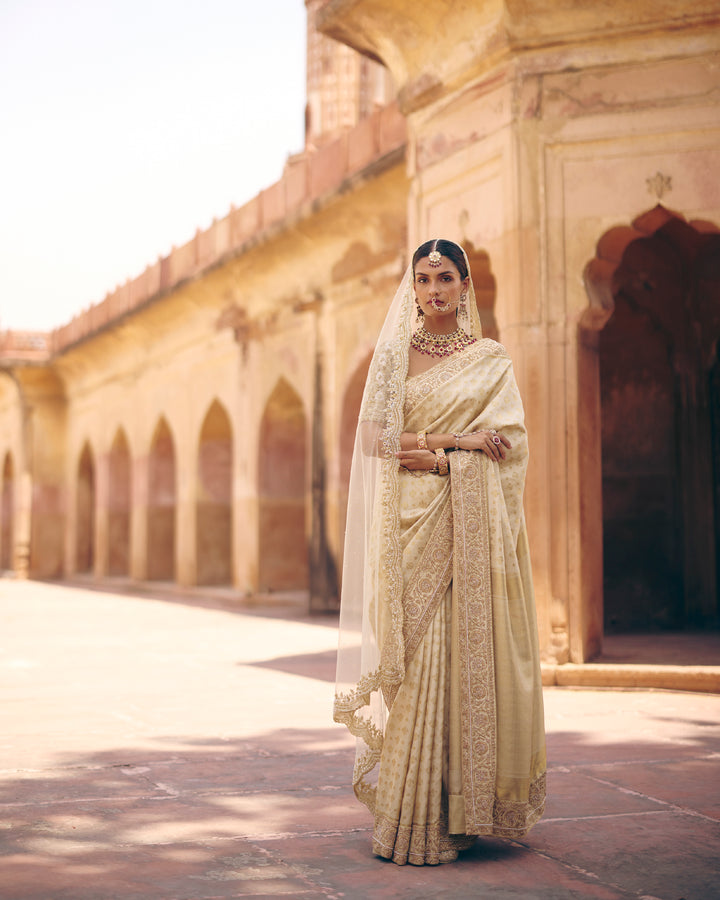 Ivory Pure Kanjivaram Silk Saree with Gold Zari Embroidery