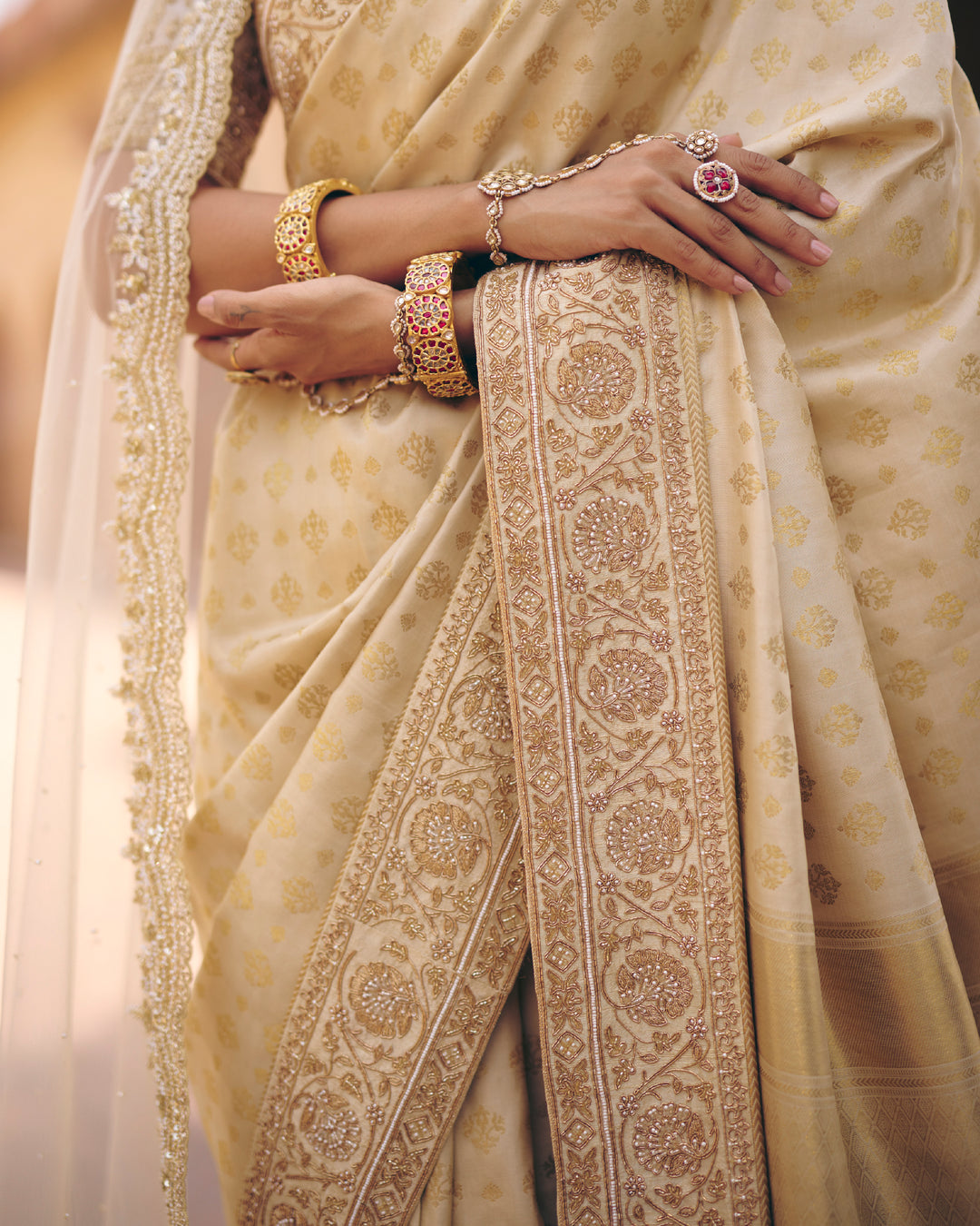 Ivory Pure Kanjivaram Silk Saree with Gold Zari Embroidery