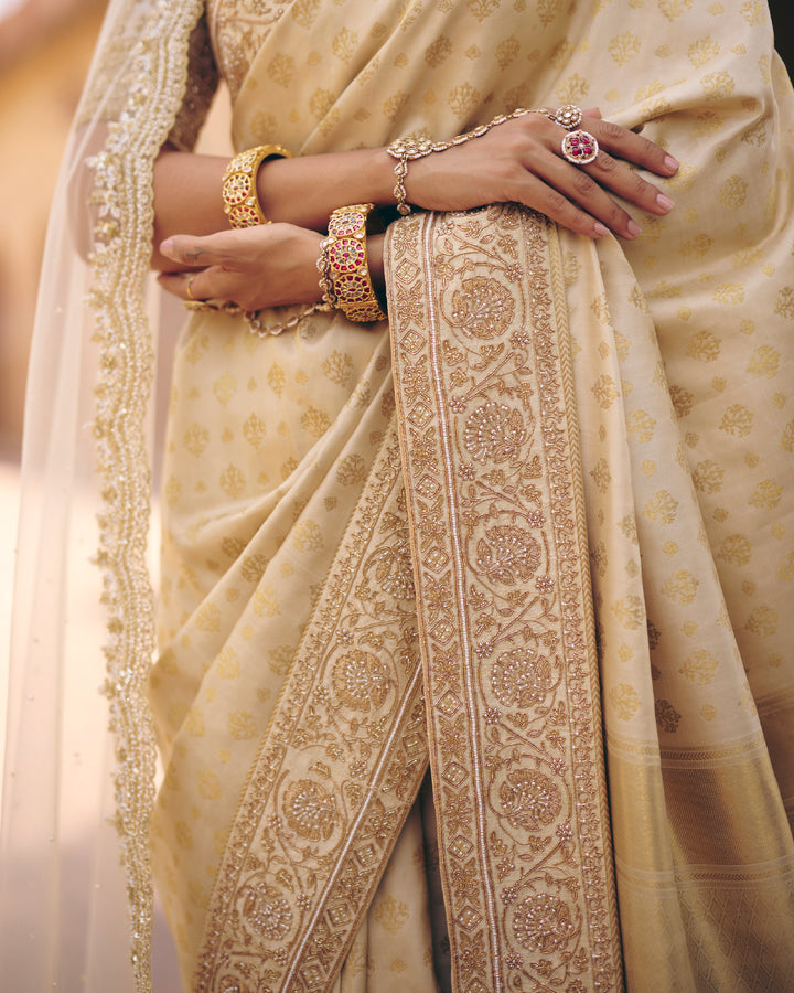 Ivory Pure Kanjivaram Silk Saree with Gold Zari Embroidery