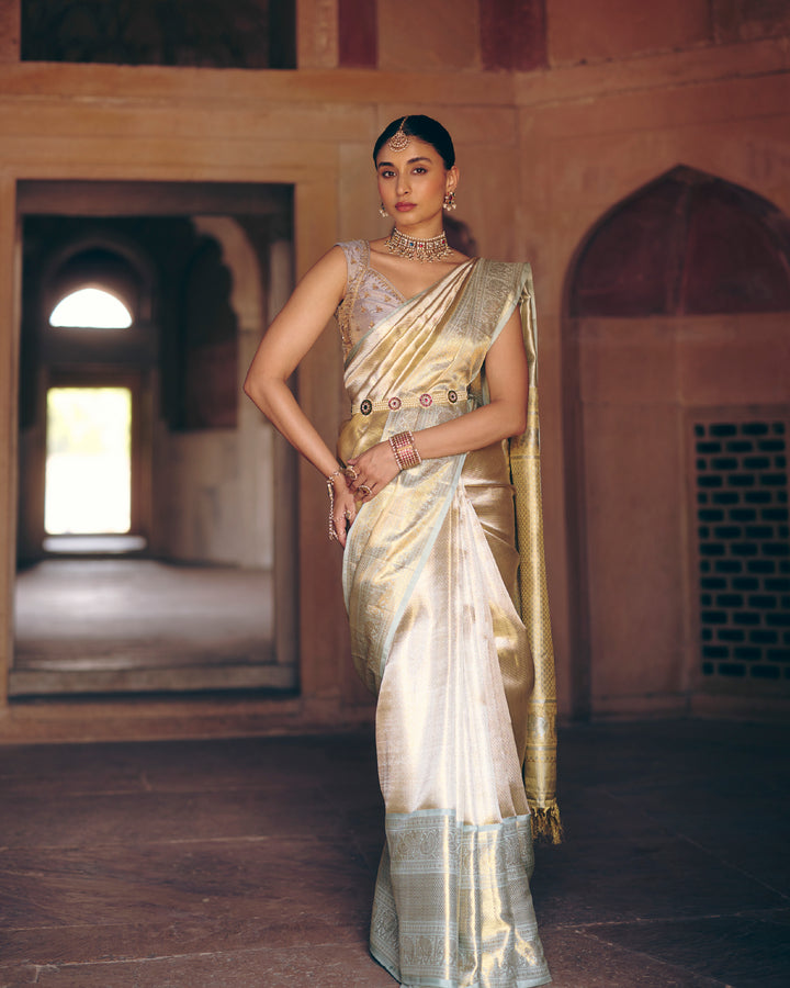 Ivory Pure Kanjivaram Tissue Silk Saree with Gold Zari Weave & Traditional Woven Border