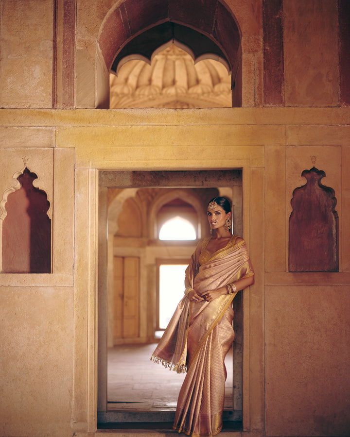 Blush Rose Pure Kanjivaram Silk Saree with All-Over Gold Zari Chevron Weave & Floral Buttas