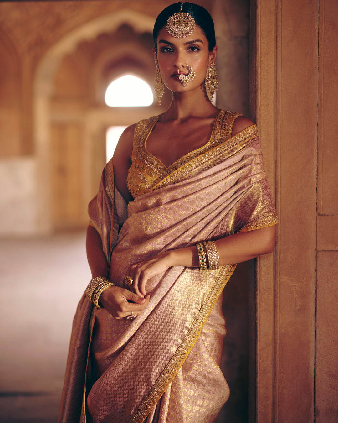 Blush Rose Pure Kanjivaram Silk Saree with All-Over Gold Zari Chevron Weave & Floral Buttas