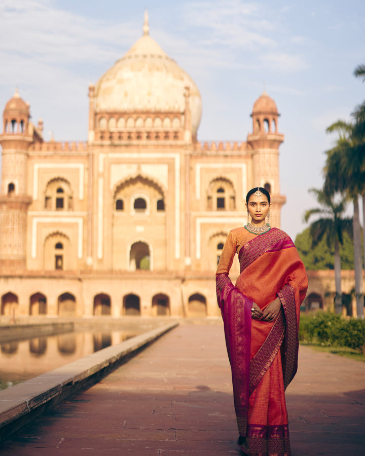 Orange & Magenta Handwoven Embroidery Luxury Kanchivaram Silk Saree in Regal Sunset