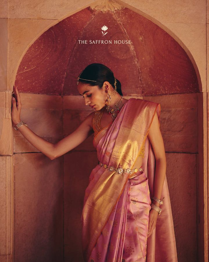 Lilac Pure Kanjivaram Silk Saree with Large Gold Zari Peacock
