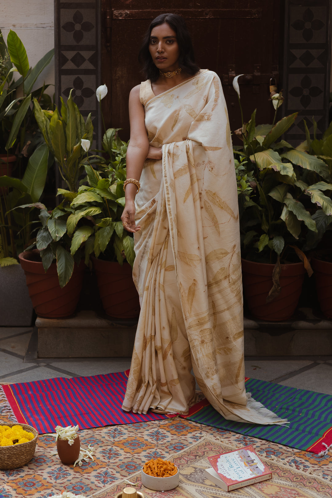 Ivory Pure Kanchipuram Silk Saree with Eco-Printed Eucalyptus Motifs and Subtle Zari Detailing