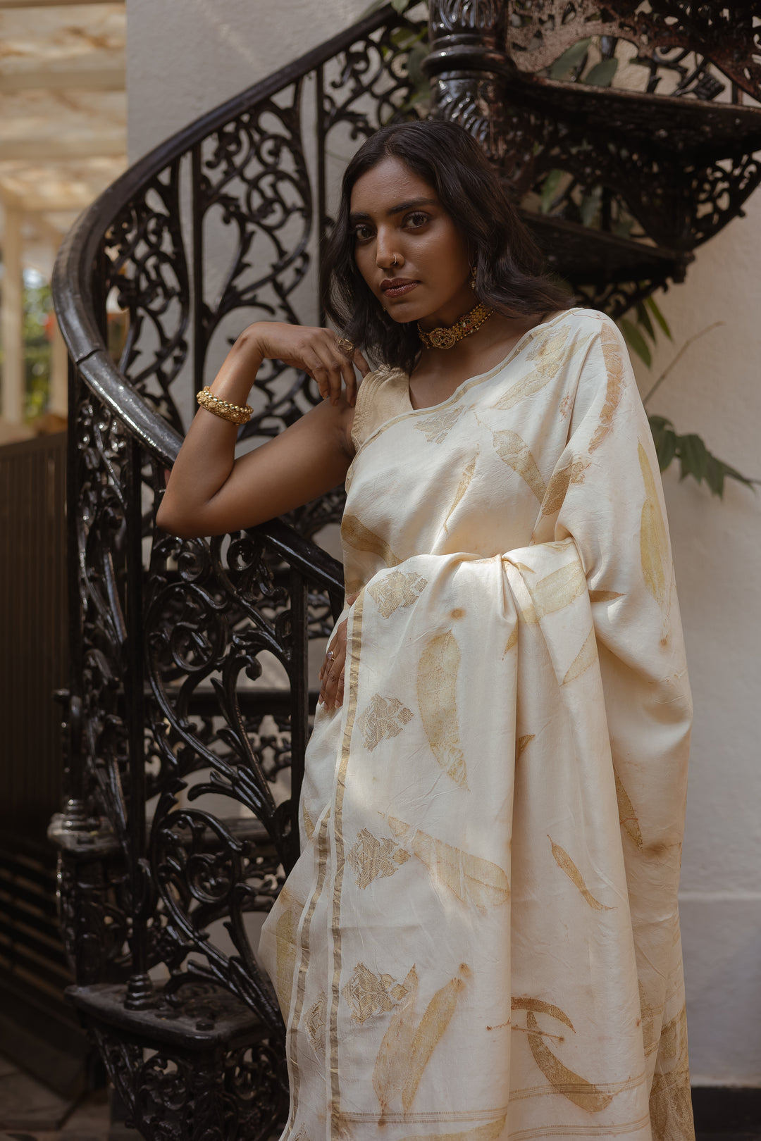 Ivory Pure Kanchipuram Silk Saree with Eco-Printed Eucalyptus Motifs and Subtle Zari Detailing