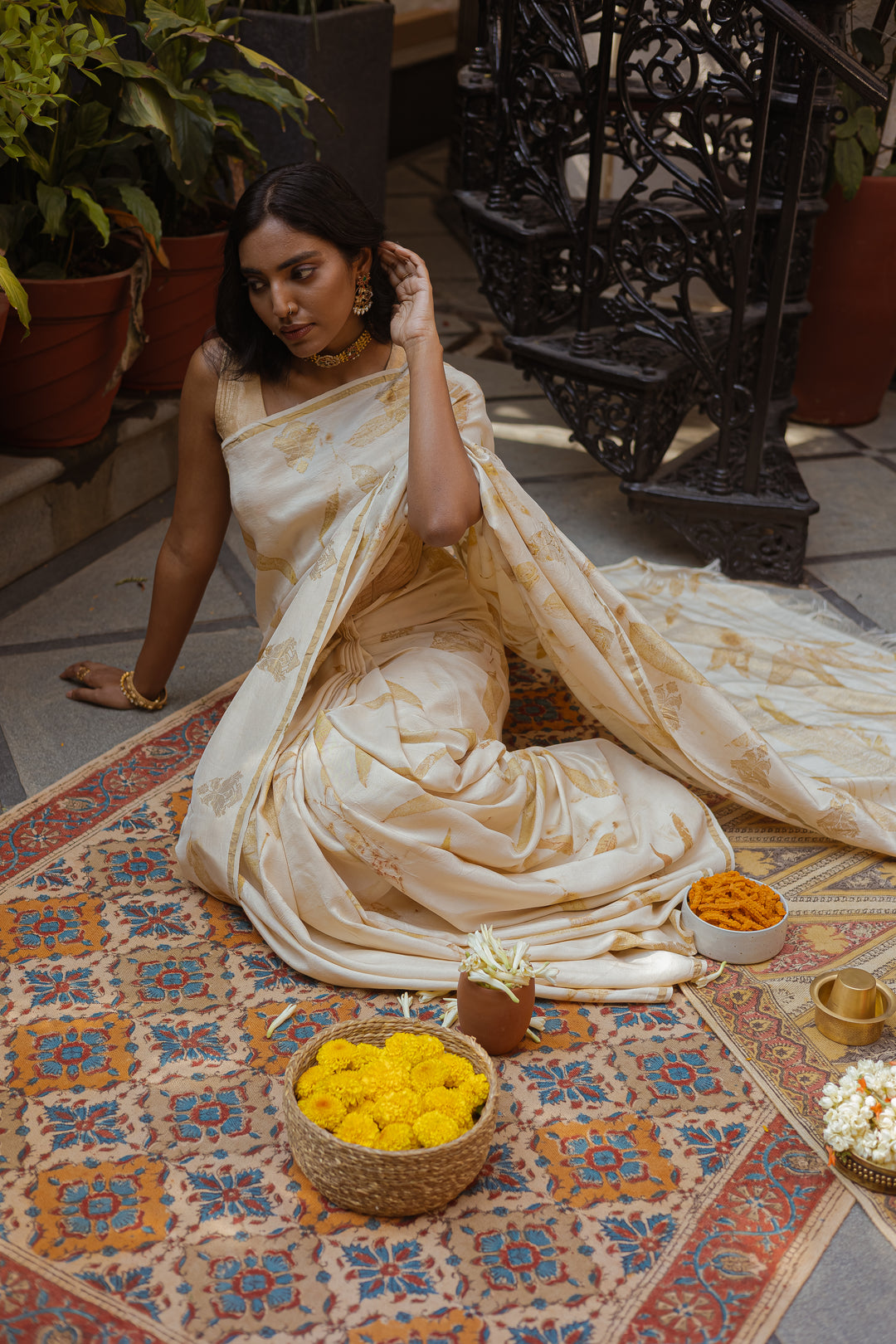 Ivory Pure Kanchipuram Silk Saree with Eco-Printed Eucalyptus Motifs and Subtle Zari Detailing