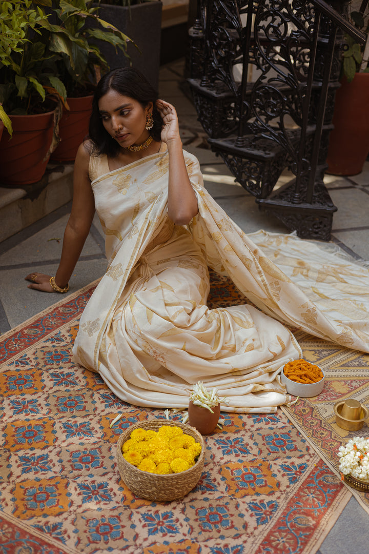 Ivory Pure Kanchipuram Silk Saree with Eco-Printed Eucalyptus Motifs and Subtle Zari Detailing