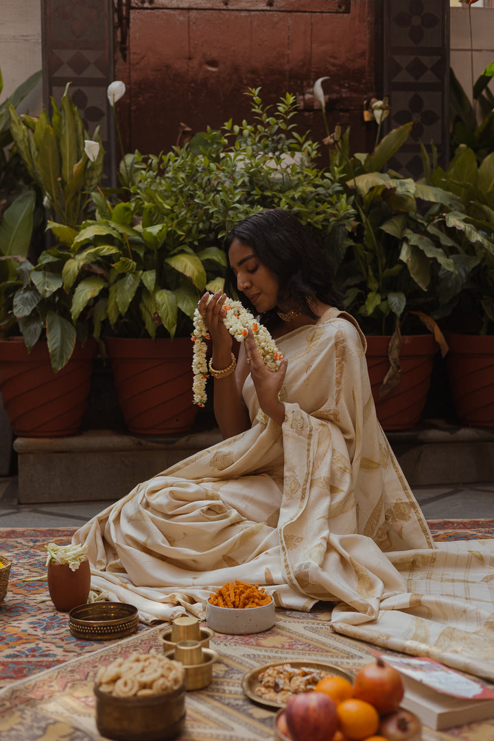 Ivory Pure Kanchipuram Silk Saree with Eco-Printed Eucalyptus Motifs and Subtle Zari Detailing
