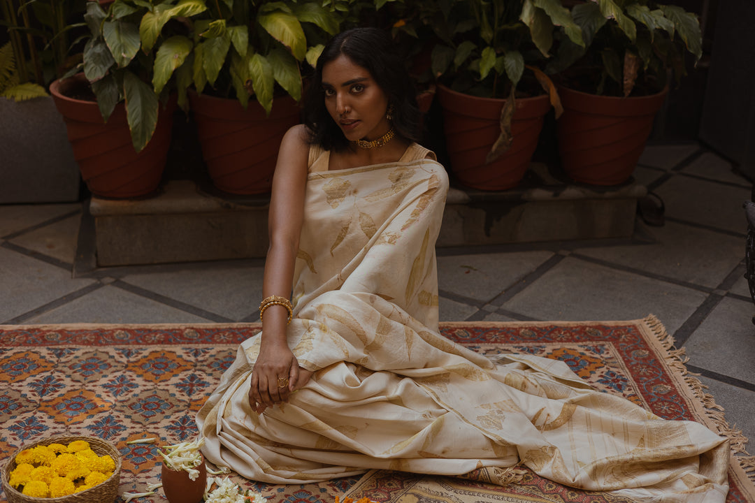 Ivory Pure Kanchipuram Silk Saree with Eco-Printed Eucalyptus Motifs and Subtle Zari Detailing