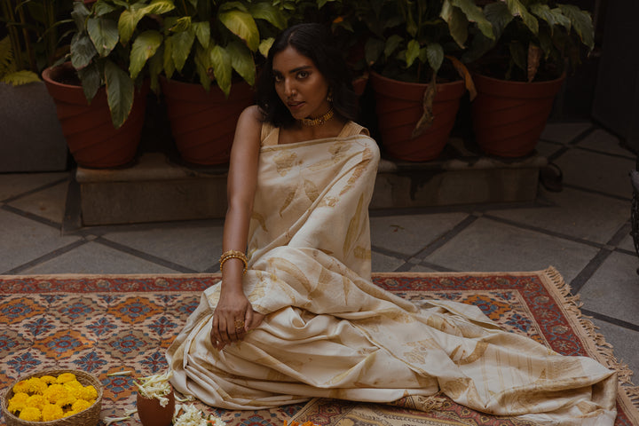 Ivory Pure Kanchipuram Silk Saree with Eco-Printed Eucalyptus Motifs and Subtle Zari Detailing