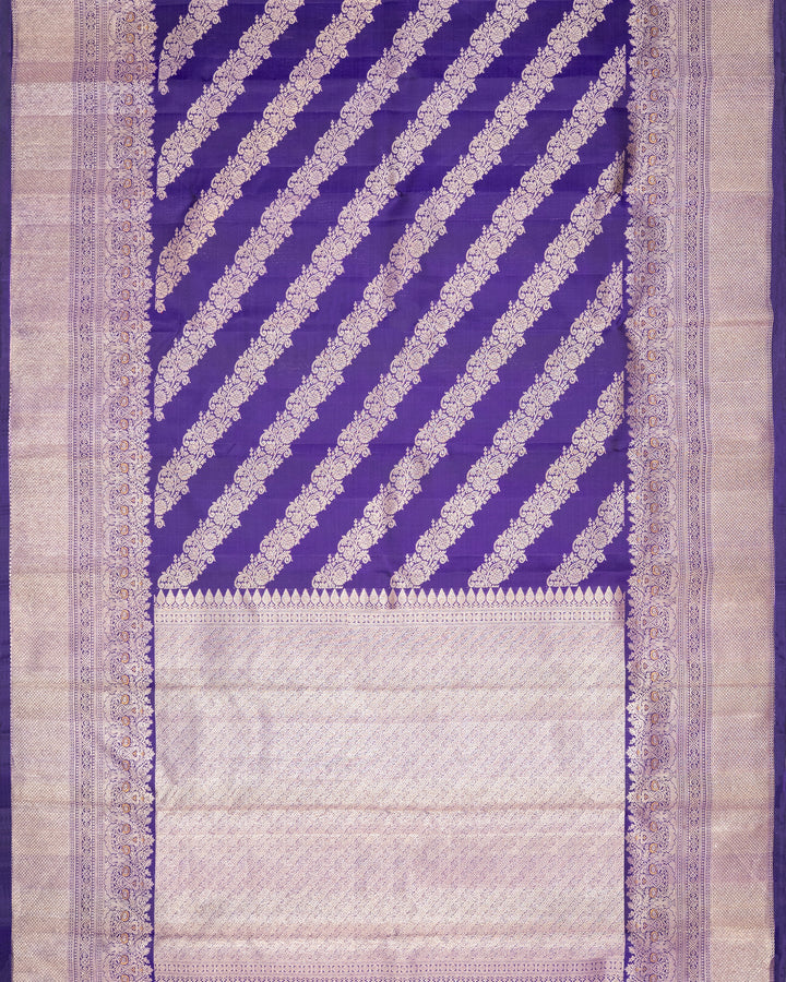 Royal Blue & Silver Kanchivaram Silk Saree | Diagonal Floral Zari Stripe Body