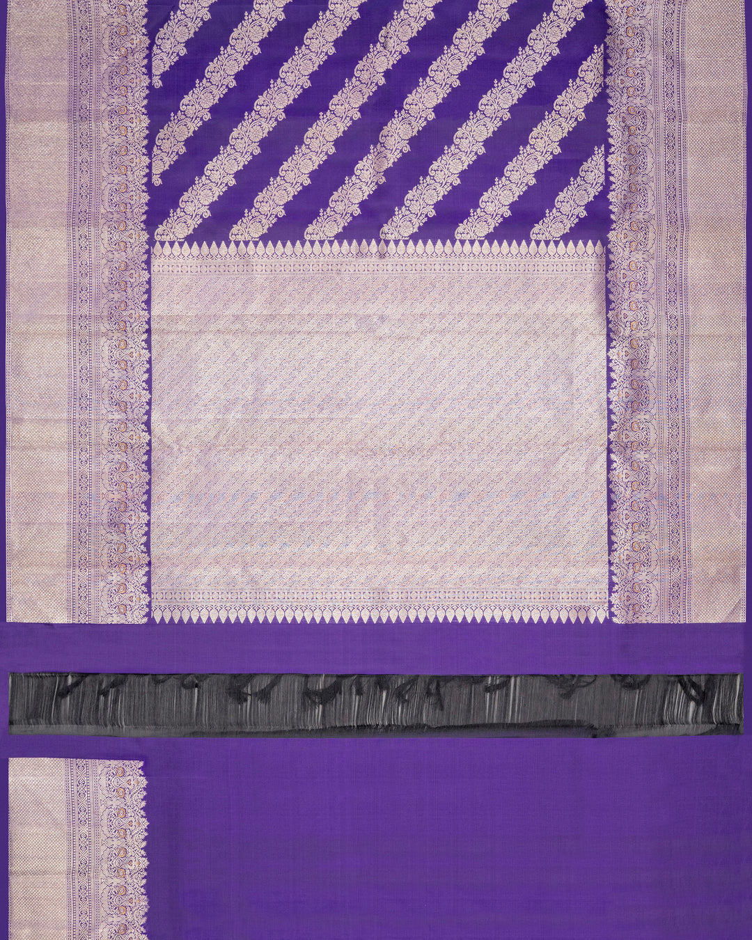 Royal Blue & Silver Kanchivaram Silk Saree | Diagonal Floral Zari Stripe Body