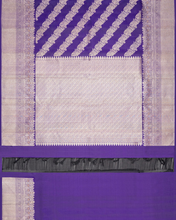 Royal Blue & Silver Kanchivaram Silk Saree | Diagonal Floral Zari Stripe Body