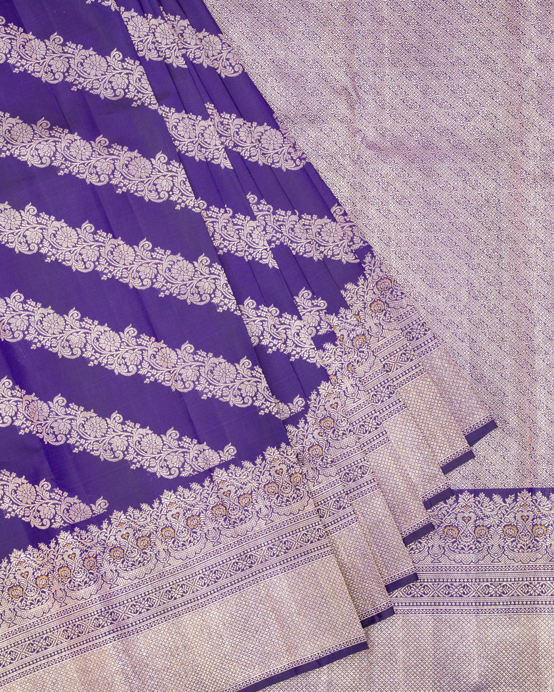 Royal Blue & Silver Kanchivaram Silk Saree | Diagonal Floral Zari Stripe Body
