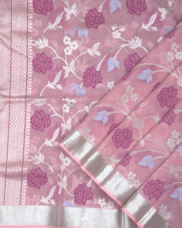 Blush Pink Kota Silk Saree with Silver Zari