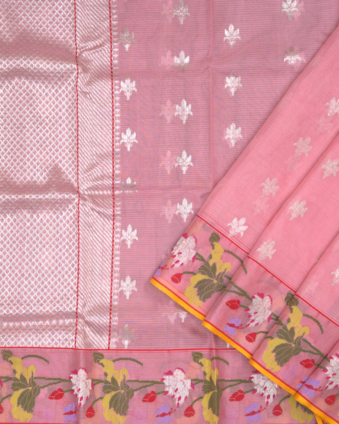 Pink Kota Saree with Multicolor Floral Border