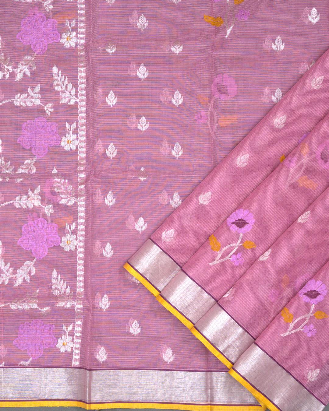 Mauve Pink Kota Cotton Saree with Silver Zari