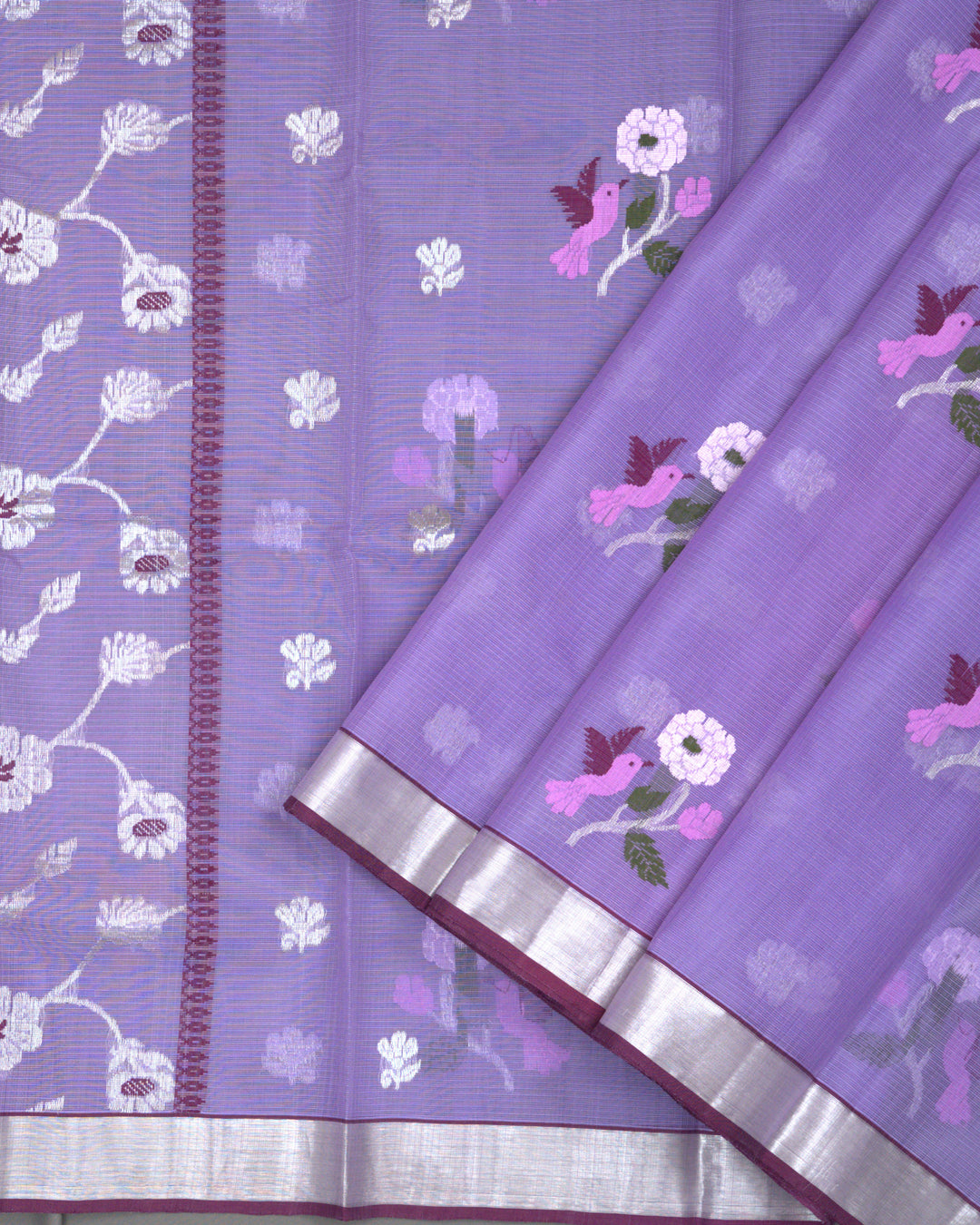 Lavender Purple Kota Cotton Saree with Silver Zari