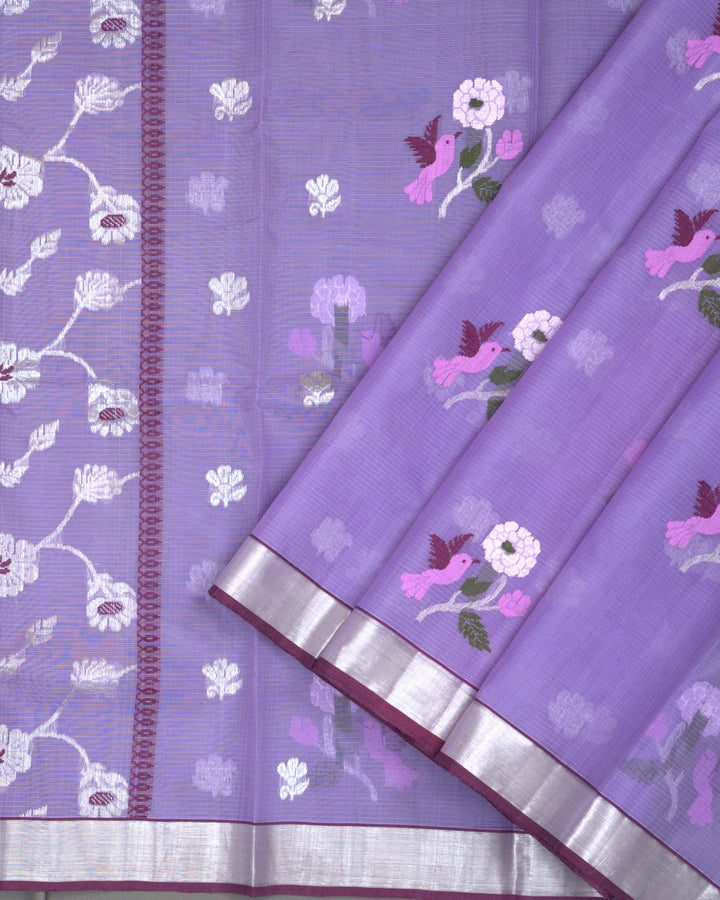 Lavender Purple Kota Cotton Saree with Silver Zari