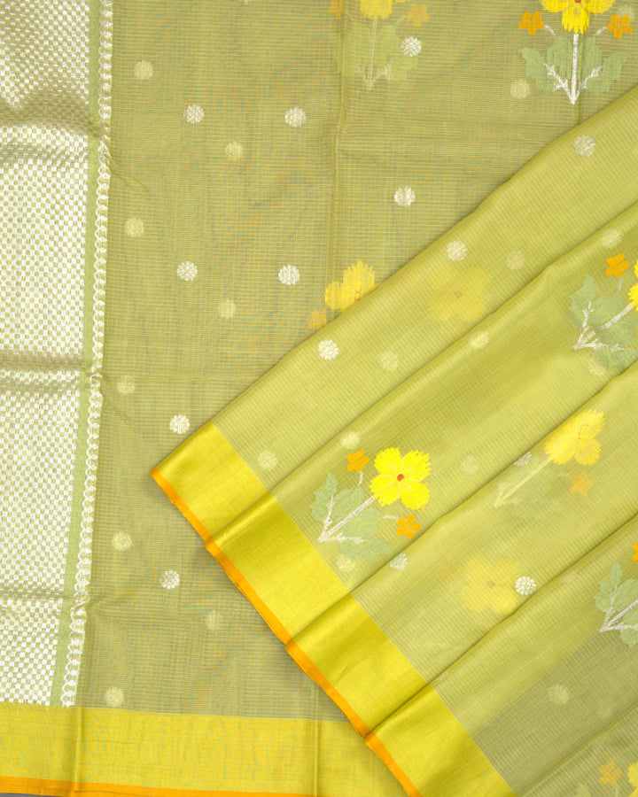 Lime Green Kota Saree with Silver Zari