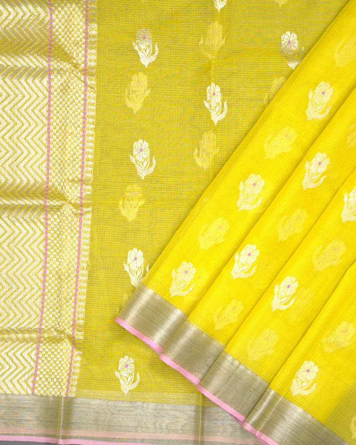Bright Yellow Kota Saree with Silver Zari